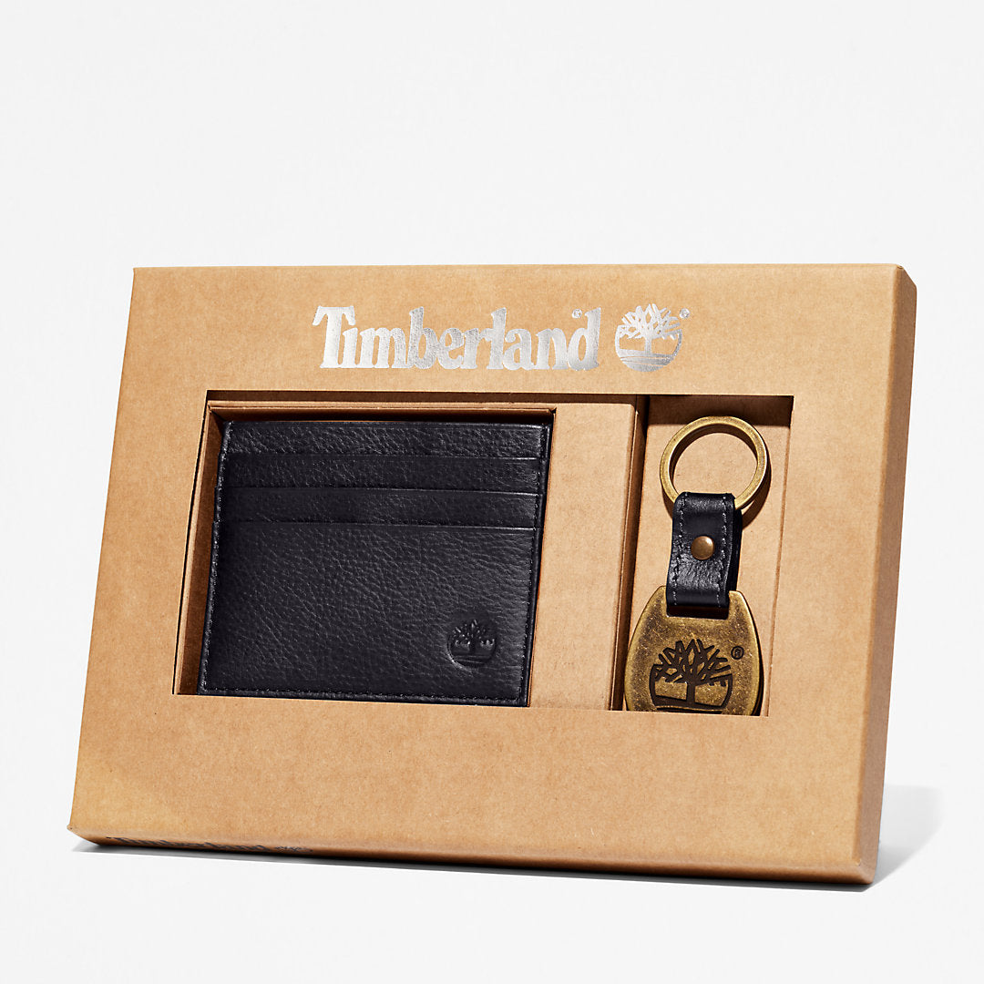 Mens Timberland Leather Card Holder & Keyring Gift Set in Black