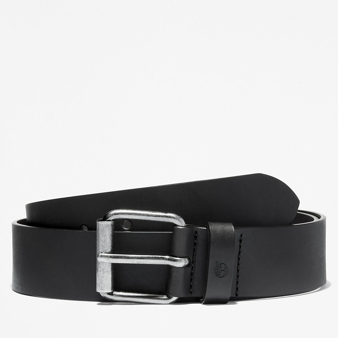 Mens Timberland Leather Belt with Antique-Finish Buckle for Men in Black